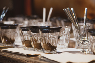 Tasting coffee in glass, Coffee cups on table for tasting
