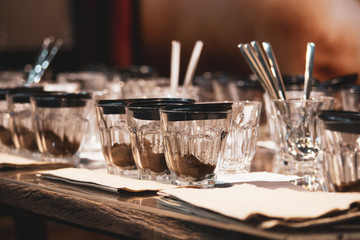 Tasting coffee in glass, Coffee cups on table for tasting