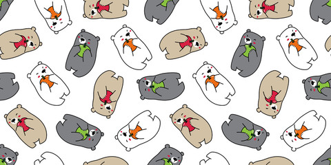 Bear seamless pattern polar bear vector apple cartoon repeat wallpaper scarf isolated tile background illustration