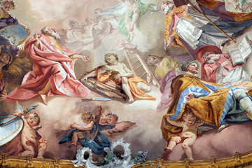Last Judgment and Glorification of the Benedictine Order, detail of fresco by Matthaus Gunther in Benedictine monastery church in Amorbach, Germany  - obrazy, fototapety, plakaty
