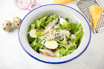 Fresh salad with salted herring, fish, lettuce, boiled quail eggs, red onions and hard Parmesan cheese. Delicious lunch, spring green food