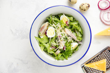 Fresh salad with salted herring, fish, lettuce, boiled quail eggs, red onions and hard Parmesan cheese. Delicious lunch, spring green food