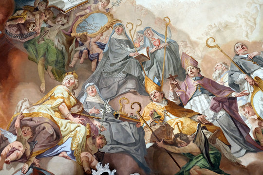Last Judgment and Glorification of the Benedictine Order, detail of fresco by Matthaus Gunther in Benedictine monastery church in Amorbach, Germany