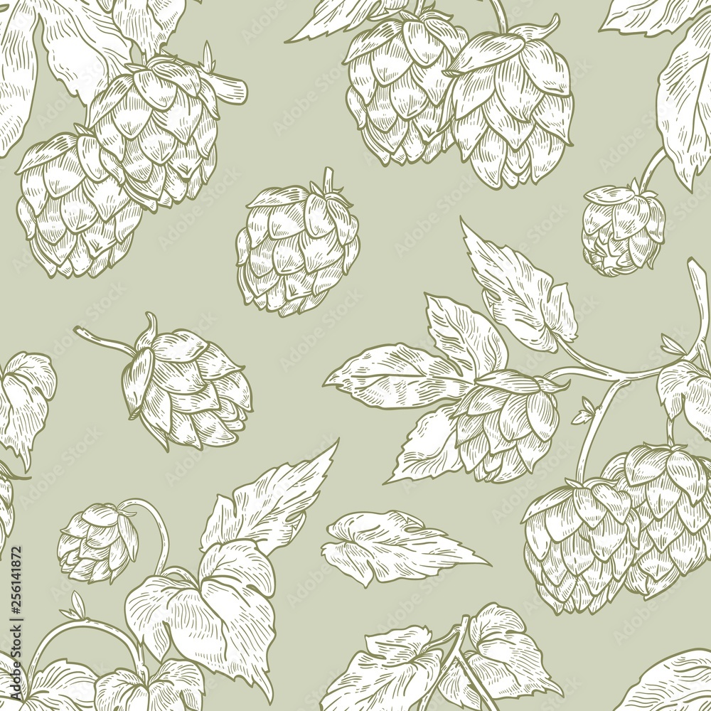 Poster elegant seamless pattern with hop flowers hand drawn with contour lines on green background. botanic