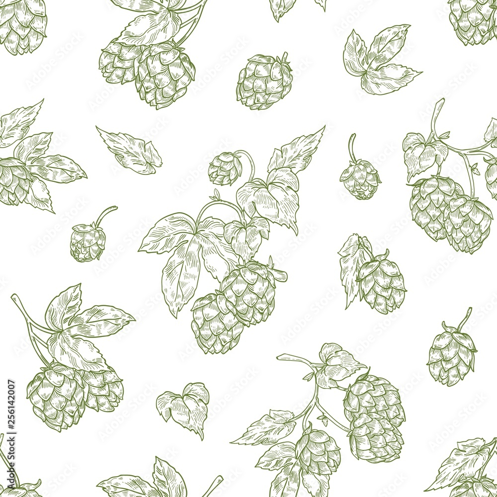 Poster monochrome seamless pattern with hop flower buds hand drawn with contour lines on white background. 
