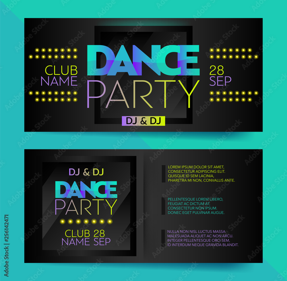 Poster set of two color horizontal dance party card template with graphic elements and text.