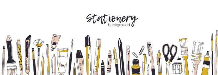 Horizontal banner template decorated by hand drawn stationery, writing utensils. Backdrop with office tools, art supplies and place for text on white background. Realistic vector illustration.