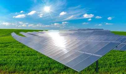 photovoltaic panels on a spring meadow