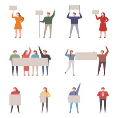 A set of people who protest with banners. flat design style minimal vector illustration