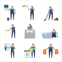 A character cleaning the house. flat design style minimal vector illustration