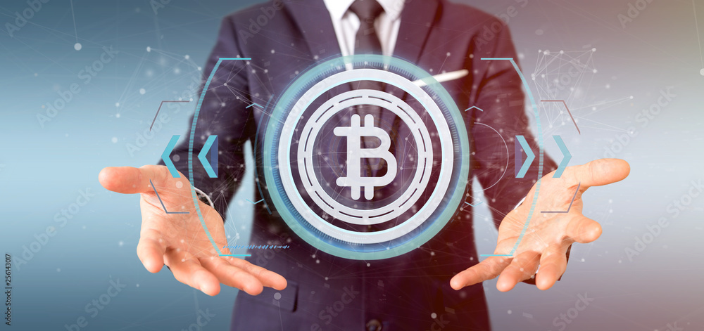 Poster man holding a technology bitcoin icon on a circle 3d rendering