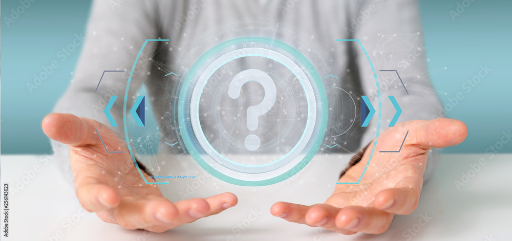 Poster man holding a technology question mark icon on a circle 3d rendering