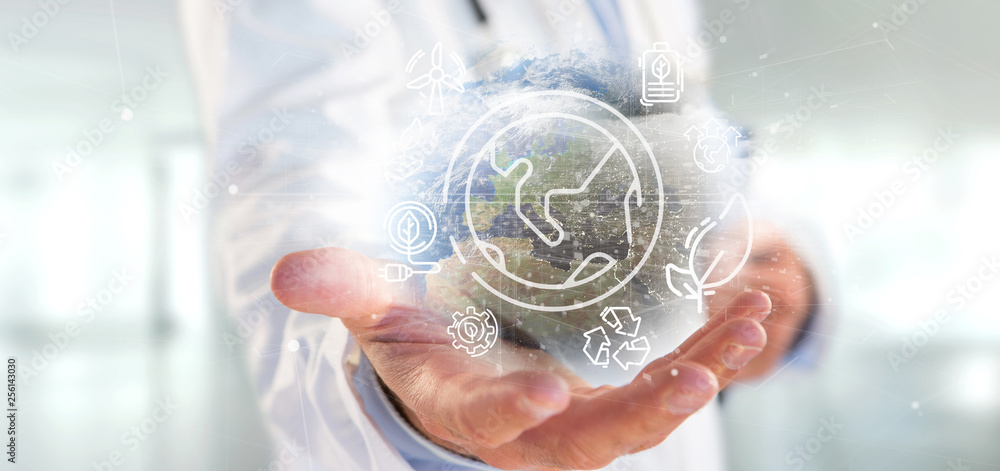 Aufkleber docotor holding a world globe surronding by ecology icons and connection 3d rendering