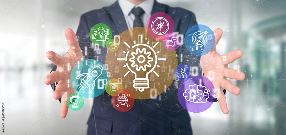 Aufkleber cloud of colorfull start up icon bubble with data businessman holding a binary 3d rendering