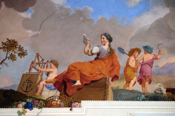 Fresco painting on the ceiling of the Library in Amorbach Benedictine abbey in Lower Franconia,...
