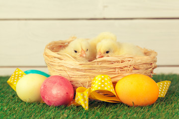 Easter eggs and chickens on green grass