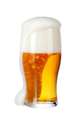 Single glass of beer close up isolated on white background