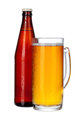 Fresh beer glass and bottle close up isolated on white background
