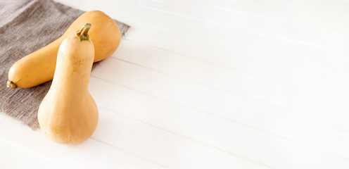 Two organic butternut squash canvas napkin white wooden background. Autumn harvest or cooking...