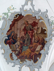 Obraz premium Jesus in temple, fresco on the ceiling of the Church of Our Lady of Sorrows in Rosenberg, Germany