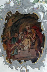 Jesus is laid in the tomb, Way of the Cross, fresco on the ceiling of the Church of Our Lady of Sorrows in Rosenberg, Germany 