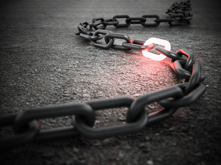 Illuminated chain part connecting two sides of the chain. 3D illustration