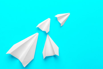 Group of paper planes  on blue background. Business for new ideas creativity and innovative solution concepts