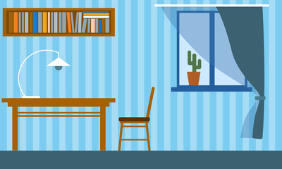 Office in the apartment with table, chair, bookshelf and window