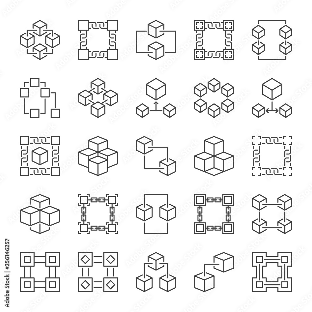 Poster vector blockchain technology outline icons set. block chain concept linear symbols on white backgrou