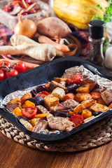 Roasted vegetables on baking metal tray