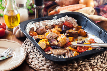 Roasted vegetables on baking metal tray