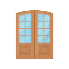 Wooden door with glass on white background.