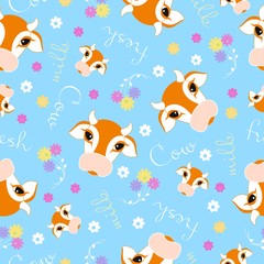 Sewing fabric with Seamless cow pattern. Animal blue background with ...