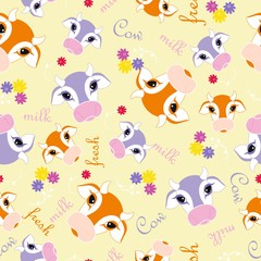 Seamless cow pattern. Animal yellow background with cute cows and flowers. Vector illustarion. 