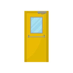 Yellow door with glass on white background.