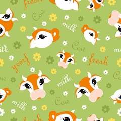 Obraz premium Seamless cow pattern. Animal green background with cute cows and flowers. Vector illustarion. 
