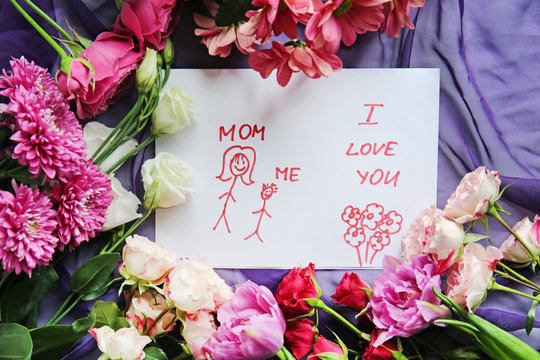 Greeting card for Mother's Day with flowers on color background