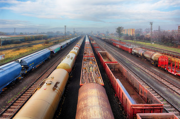 Railway station freight trains, Cargo transport - obrazy, fototapety, plakaty