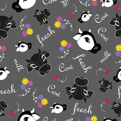 Seamless cow pattern. Animal grey background with cute cows and flowers. Vector illustarion. 