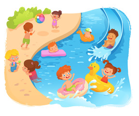 Kids on beach cartoon vector color illustration