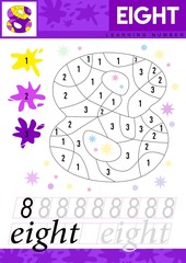 Learn numbers 8. Eight. Kids learn to count worksheet. Children educational game for numbers. Vector illustration.