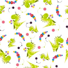 Seamless dinosaur pattern with flower. Animal white background with green dino. Vector illustration.