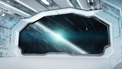 White blue spaceship futuristic interior with window view on planet Earth 3d rendering