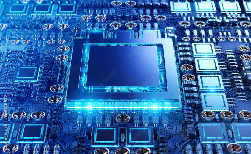 Fototapete close-up view of a modern gpu card with circuit 3d rendering