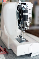 sewing machine with coils of thread close-up paws.