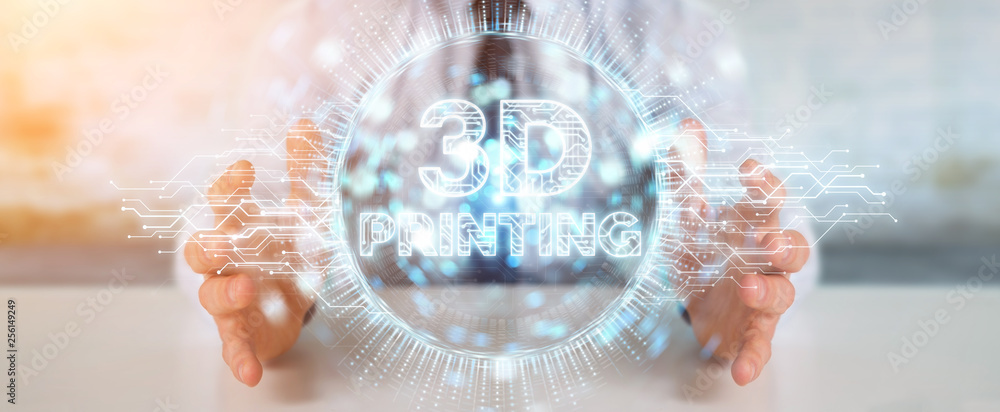 Poster businessman using 3d printing digital hologram 3d rendering
