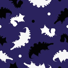 Seamless pattern dinosaurs shadow. Animal blue background with black and white dino. Vector illustration.