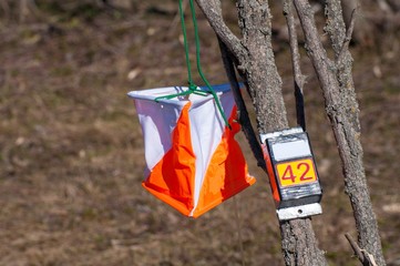 Orienteering. Check point Prism and electronic composter for orienteering close-up. Navigation...
