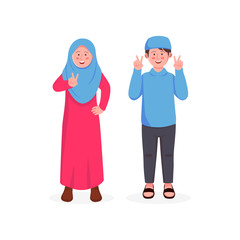 Cute Little Kids Girl and Boy Muslim Gesturing Peace Sign, Two Fingers. Flat Vector Cartoon Illustration 