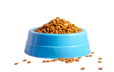 Animal food in a blue basin on a white background
